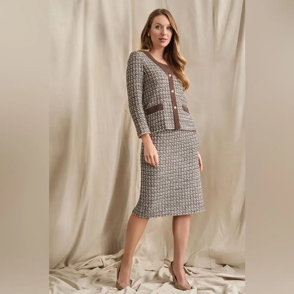 Ming Wang NWT A-Line Tweed Knit Skirt Size Large Dark Umber/Twig/Black/Ivory
